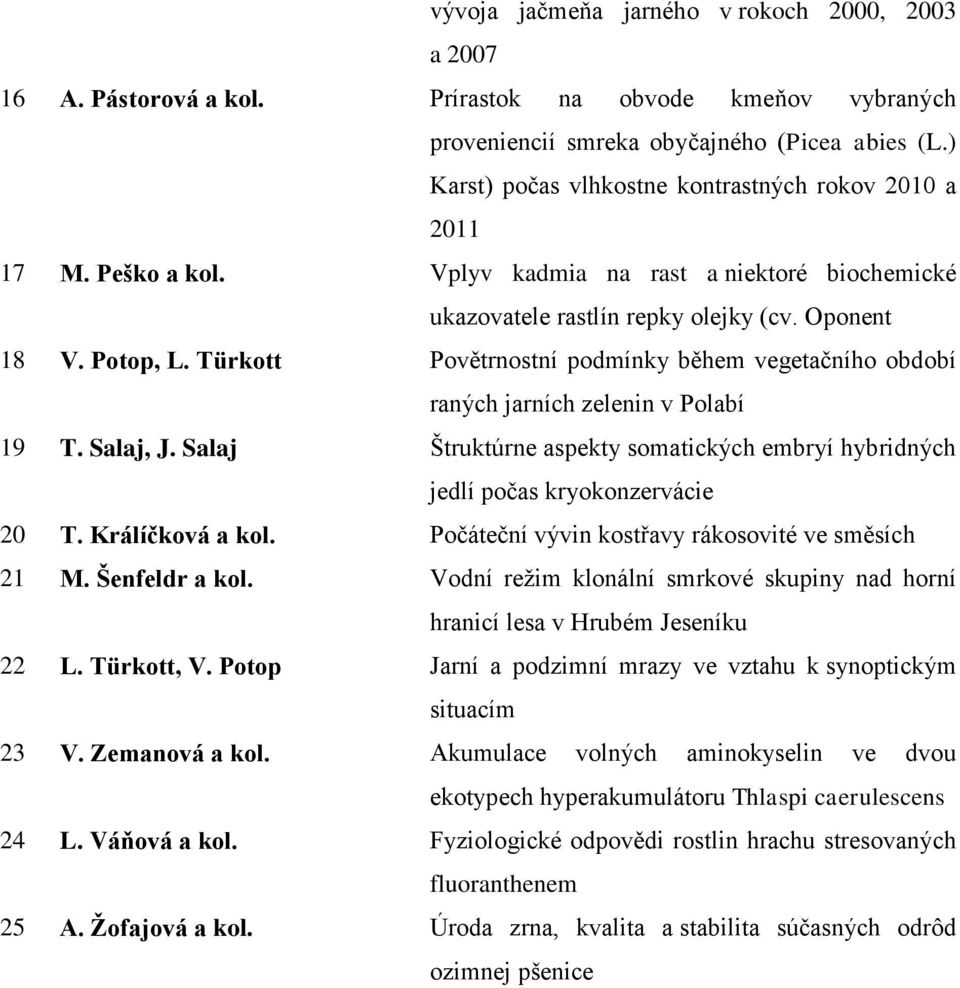 Türkott Povětrnostní podmínky během vegetačního období raných jarních zelenin v Polabí 19 T. Salaj, J. Salaj Štruktúrne aspekty somatických embryí hybridných jedlí počas kryokonzervácie 20 T.