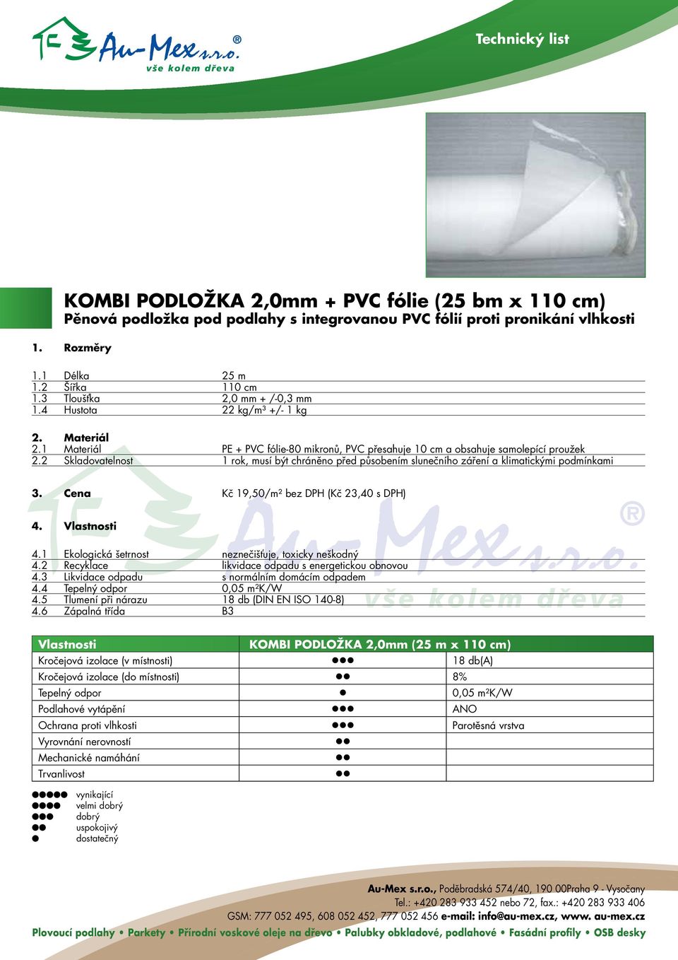 2 Skladovatelnost 1 rok, musí být chráněno před působením slunečního záření a klimatickými podmínkami 3. Cena Kč 19,50/m² bez DPH (Kč 23,40 s DPH) 4. Vlastnosti 4.