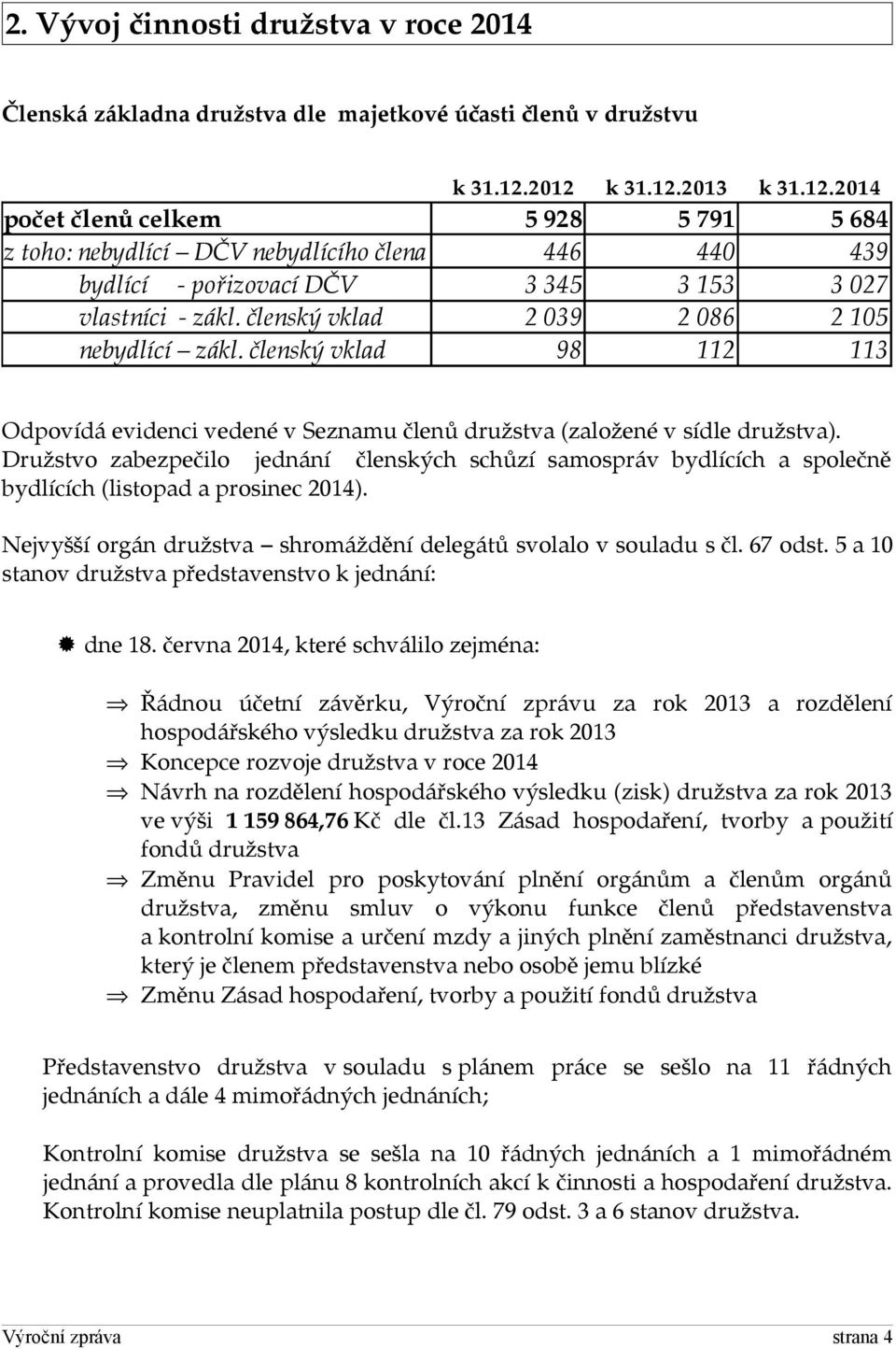 členský vklad 2 039 2 086 2 105 nebydlící zákl. členský vklad 98 112 113 Odpovídá evidenci vedené v Seznamu členů družstva (založené v sídle družstva).