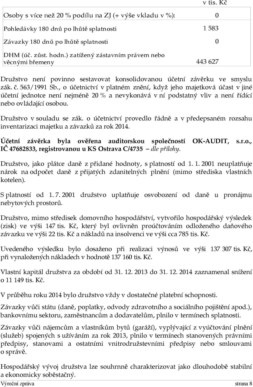 , o účetnictví v platném znění, když jeho majetková účast v jiné účetní jednotce není nejméně 20 % a nevykonává v ní podstatný vliv a není řídící nebo ovládající osobou. Družstvo v souladu se zák.