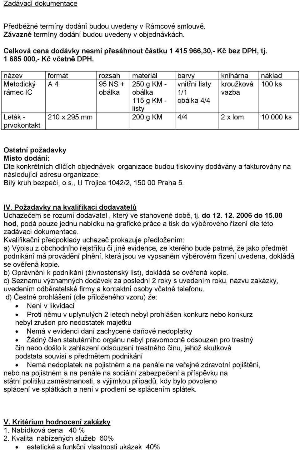 název formát rozsah materiál barvy knihárna náklad Metodický A 4 95 NS + kroužková 100 ks rámec IC obálka vazba Leták - prvokontakt 250 g KM - obálka 115 g KM - listy vnitřní listy 1/1 obálka 4/4 210