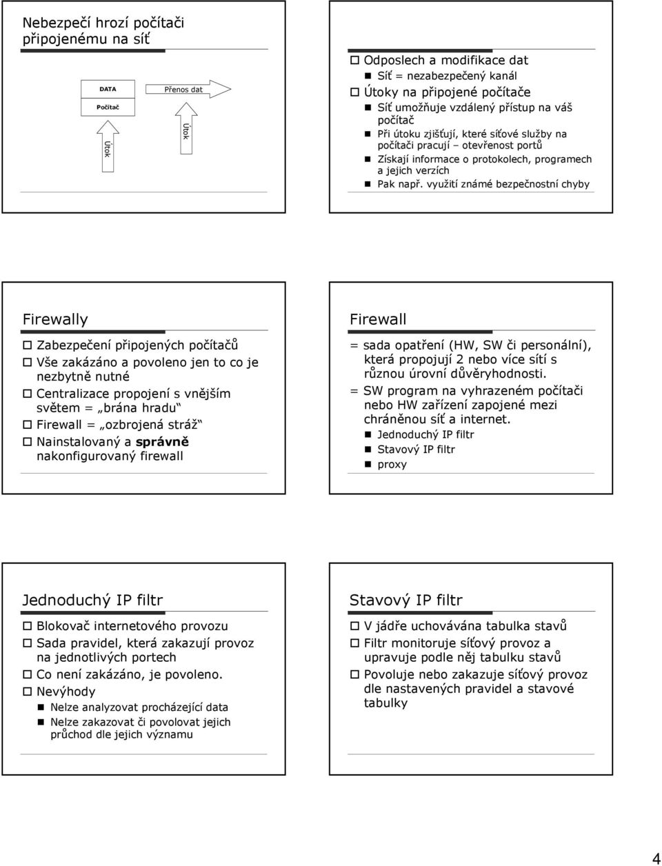 využití známé bezpečnostní chyby Firewally Zabezpečení připojených počítačů Vše zakázáno a povoleno jen to co je nezbytně nutné Centralizace propojení s vnějším světem = brána hradu Firewall =