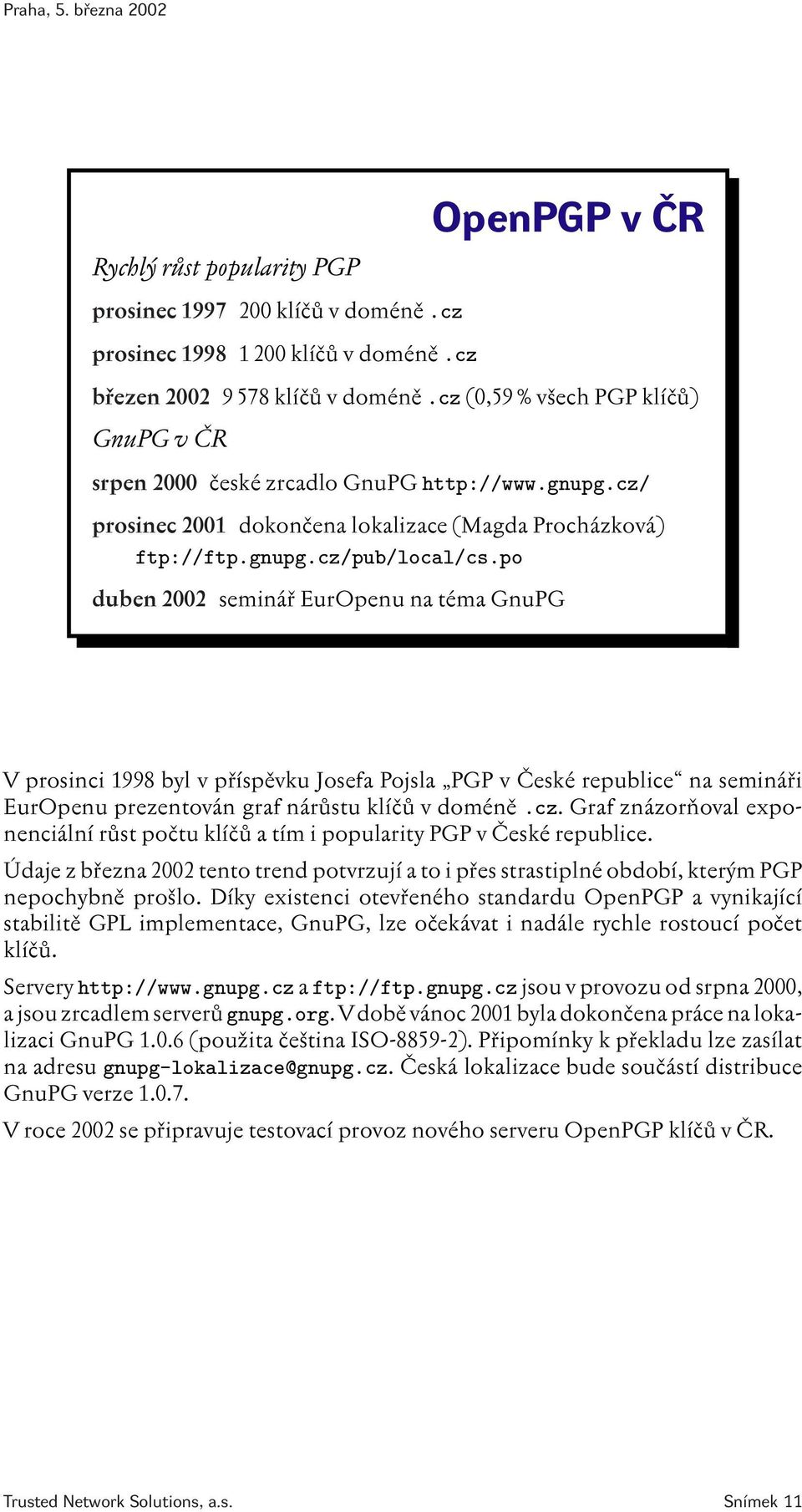 po duben 2002 seminář EurOpenu na téma GnuPG V prosinci 1998 byl v příspěvku Josefa Pojsla PGP v České republice na semináři EurOpenu prezentován graf nárůstu klíčů v doméně.cz.