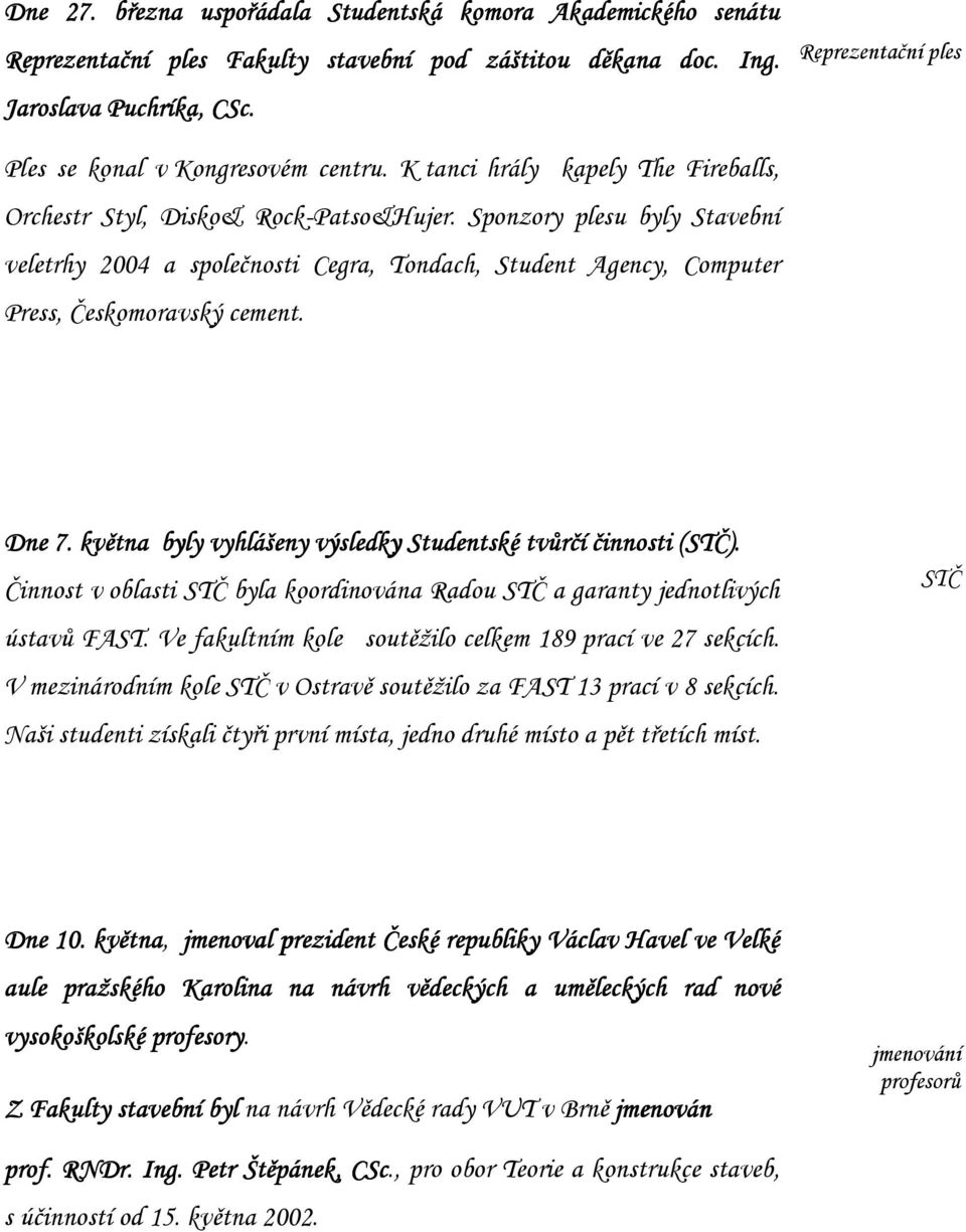 Sponzory plesu byly Stavební veletrhy 2004 a společnosti Cegra, Tondach, Student Agency, Computer Press, Českomoravský cement. Dne 7. května byly vyhlášeny výsledky Studentské tvůrčí činnosti (STČ).