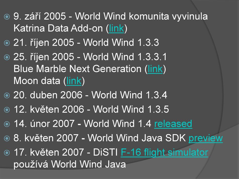 duben 2006 - World Wind 1.3.4 12. květen 2006 - World Wind 1.3.5 14. únor 2007 - World Wind 1.