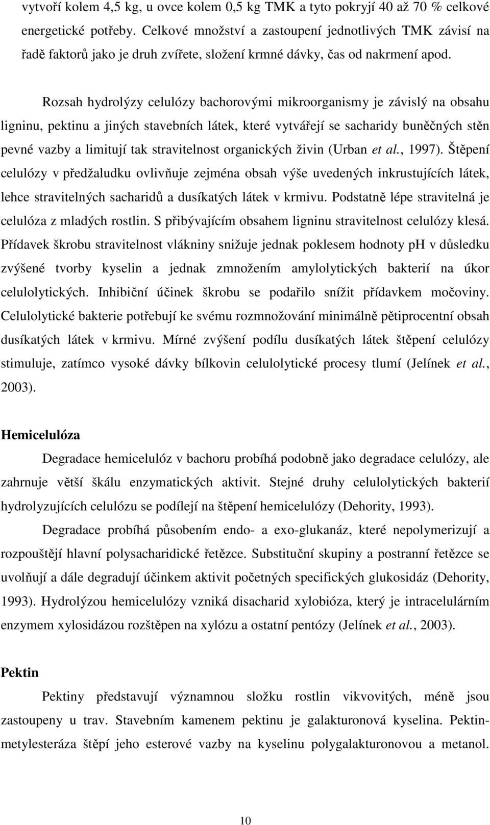 Rozsah hydrolýzy celulózy bachorovými mikroorganismy je závislý na obsahu ligninu, pektinu a jiných stavebních látek, které vytvářejí se sacharidy buněčných stěn pevné vazby a limitují tak