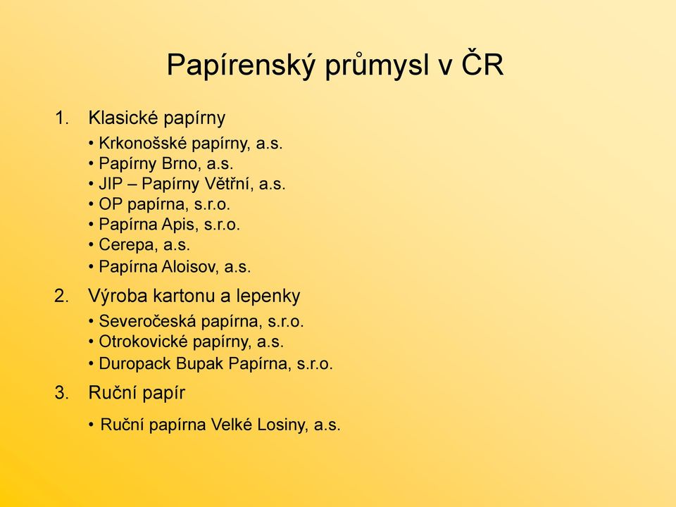 Výroba kartonu a lepenky Severočeská papírna, s.r.o. Otrokovické papírny, a.s. Duropack Bupak Papírna, s.