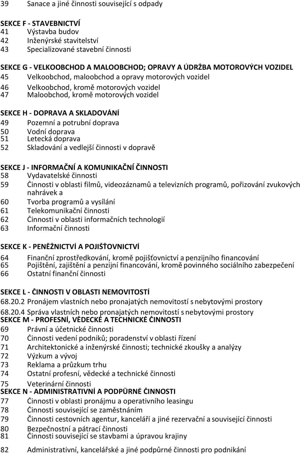 Pozemní a potrubní doprava 50 51 Vodní doprava Letecká doprava 52 Skladování a vedlejší činnosti v dopravě SEKCE J - INFORMAČNÍ A KOMUNIKAČNÍ ČINNOSTI 58 Vydavatelské činnosti 59 Činnosti v oblasti