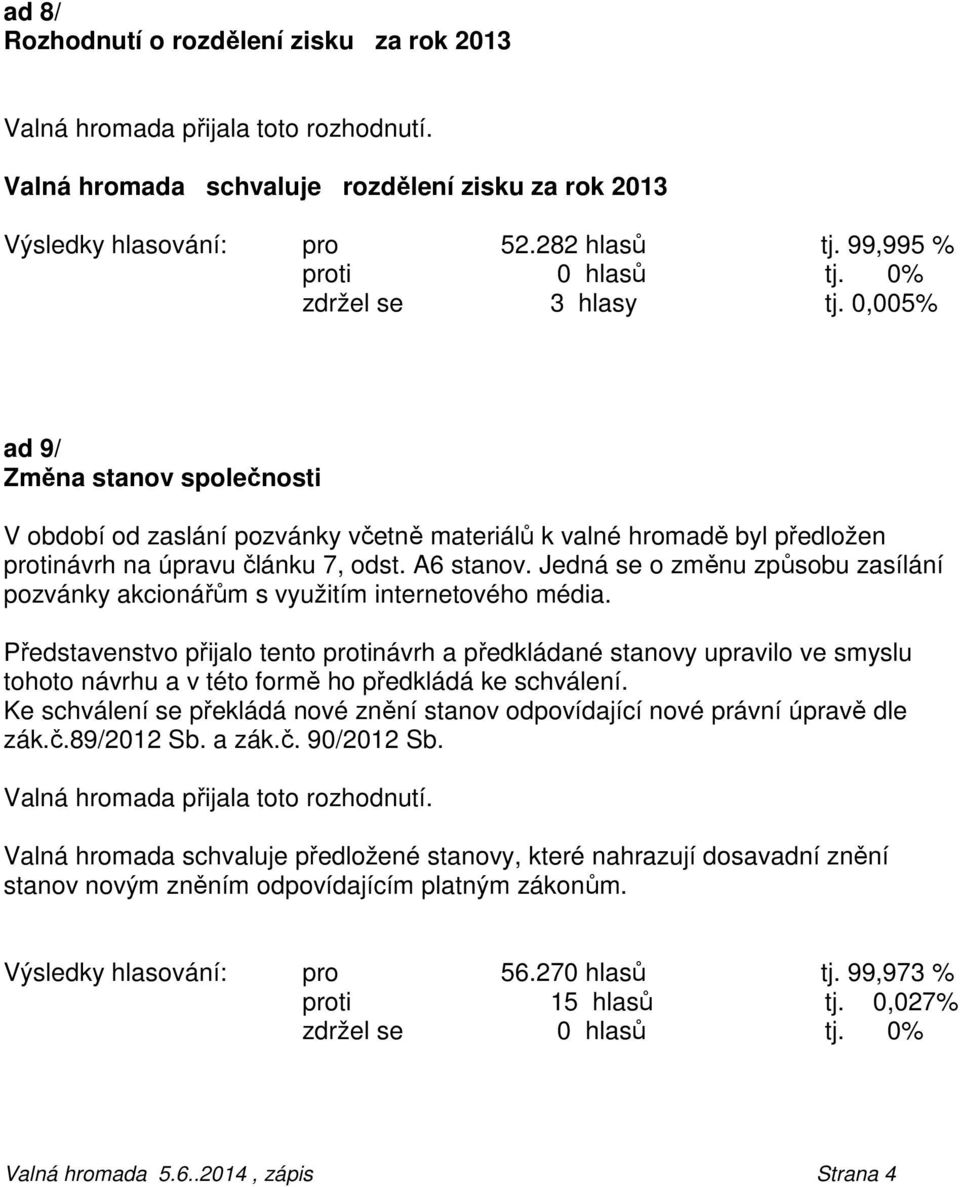 Jedná se o změnu způsobu zasílání pozvánky akcionářům s využitím internetového média.