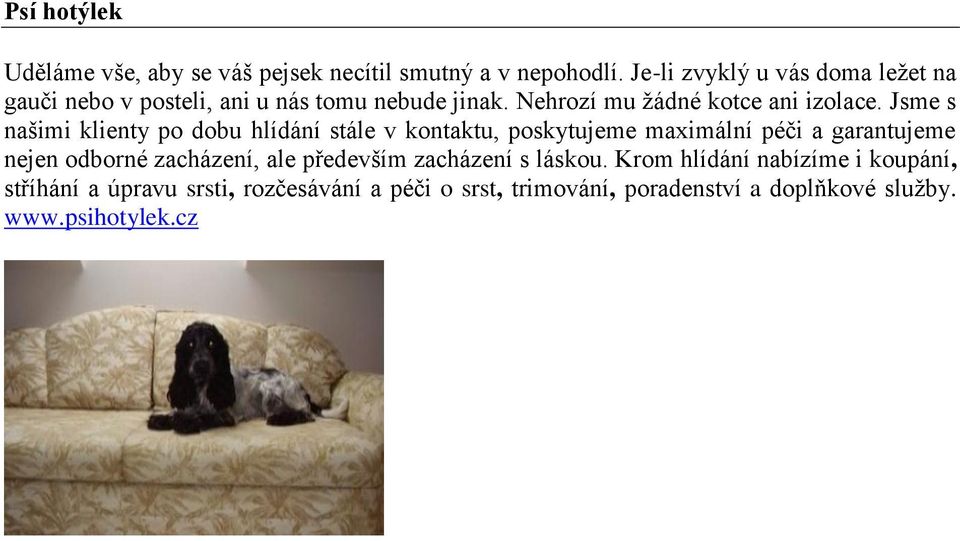 Jsme s našimi klienty po dobu hlídání stále v kontaktu, poskytujeme maximální péči a garantujeme nejen odborné zacházení,
