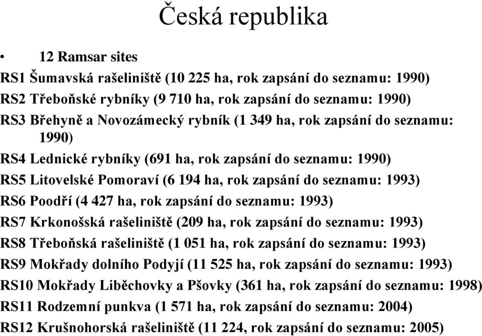 seznamu: 1993) RS7 Krkonošská rašeliniště (209 ha, rok zapsání do seznamu: 1993) RS8 Třeboňská rašeliniště (1 051 ha, rok zapsání do seznamu: 1993) RS9 Mokřady dolního Podyjí (11 525 ha, rok zapsání