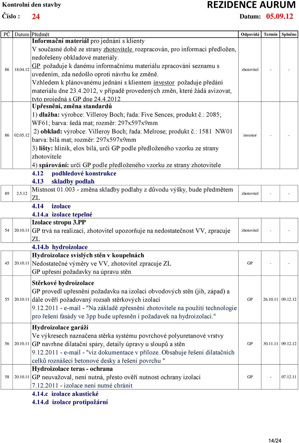 2012, v případě provedených změn, které žádá avizovat, tyto projedná s GP dne 24.4.2012 Upřesnění, změna standardů 1) dlažba: výrobce: Villeroy Boch; řada: Five Sences; produkt č.