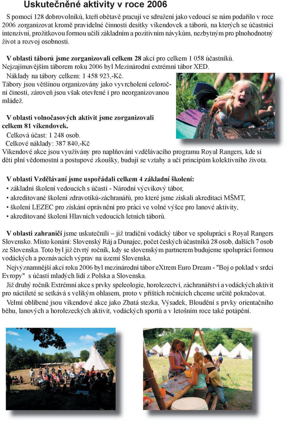 V oblasti táborů jsme zorganizovali celkem 28 akcí pro celkem 1 058 účastníků. Nejzajímavějším táborem roku 2006 byl Mezinárodní extrémní tábor XED. Náklady na tábory celkem: 1 458 923,-Kč.
