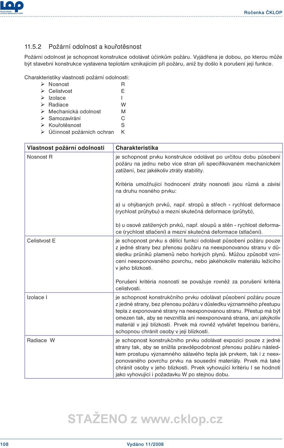 Charakteristiky vlastností požární odolnosti: Nosnost R Celistvost E Izolace I Radiace W Mechanická odolnost M Samozavírání C Kouřotěsnost S Účinnost požárních ochran K Vlastnost požární odolnosti