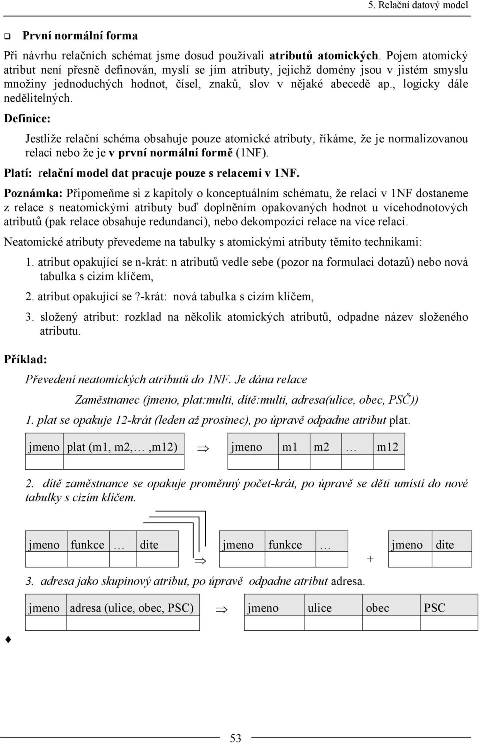 , logicky dále nedělitelných. Definice: Jestliže relační schéma obsahuje pouze atomické atributy, říkáme, že je normalizovanou relací nebo že je v první normální formě (1NF).