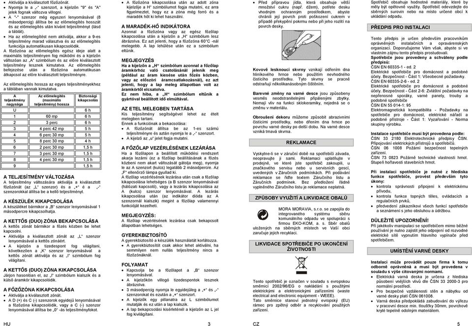 Ha az előmelegítést nem aktiválja, akkor a 9-es teljesítmény marad választva és az előmelegítés funkciója automatikusan kikapcsolódik.