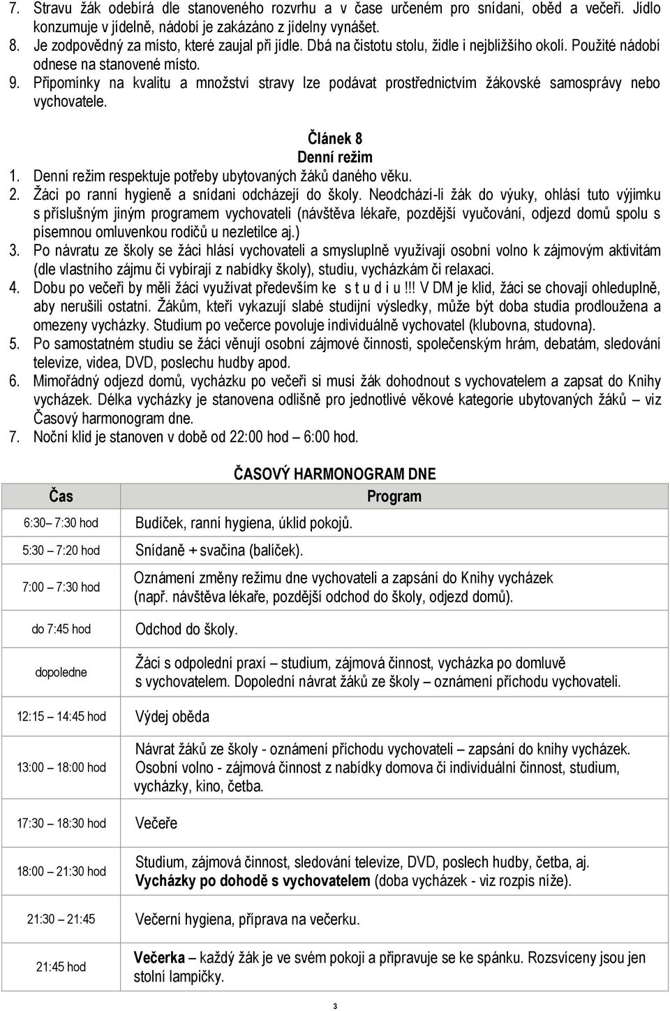 Připomínky na kvalitu a množství stravy lze podávat prostřednictvím žákovské samosprávy nebo vychovatele. Článek 8 Denní režim 1. Denní režim respektuje potřeby ubytovaných žáků daného věku. 2.