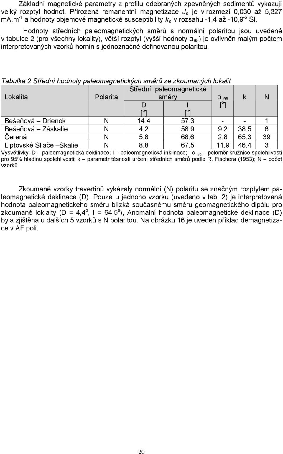 Hodnoty středních paleomagnetických směrů s normální polaritou jsou uvedené v tabulce 2 (pro všechny lokality), větší rozptyl (vyšší hodnoty α 95 ) je ovlivněn malým počtem interpretovaných vzorků