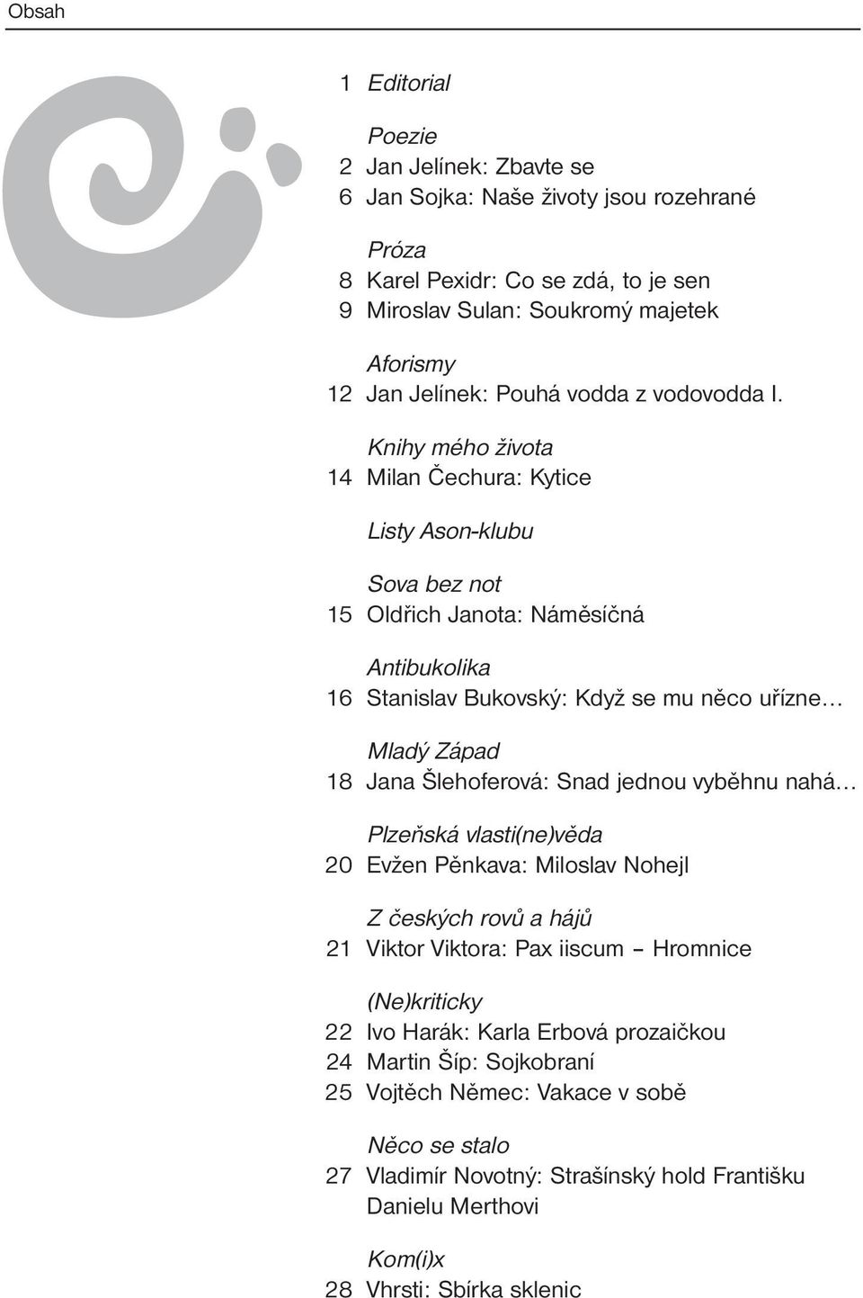 Knihy mého života 14 Milan Čechura: Kytice Listy Ason-klubu Sova bez not 15 Oldřich Janota: Náměsíčná Antibukolika 16 Stanislav Bukovský: Když se mu něco uřízne Mladý Západ 18 Jana Šlehoferová: