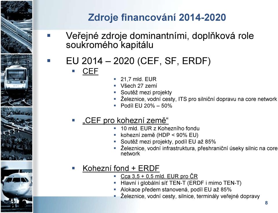 EUR z Kohezního fondu kohezní země (HDP < 90% EU) Soutěž mezi projekty, podíl EU až 85% Železnice, vodní infrastruktura, přeshraniční úseky silnic na core network