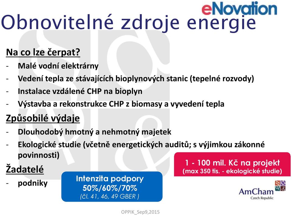 bioplyn - Výstavba a rekonstrukce CHP z biomasy a vyvedení tepla Způsobilé výdaje - Dlouhodobý hmotný a nehmotný majetek -