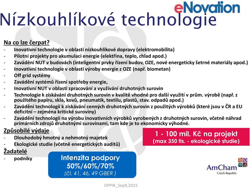 biometan) - Off grid systémy - Zavádění systémů řízení spotřeby energie, - Inovativní NUT v oblasti zpracování a využívání druhotných surovin - Technologie k získávání druhotných surovin v kvalitě