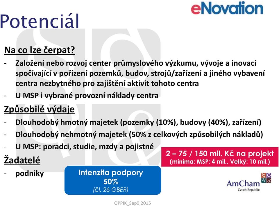 centra nezbytného pro zajištění aktivit tohoto centra - U MSP i vybrané provozní náklady centra Způsobilé výdaje - Dlouhodobý hmotný majetek