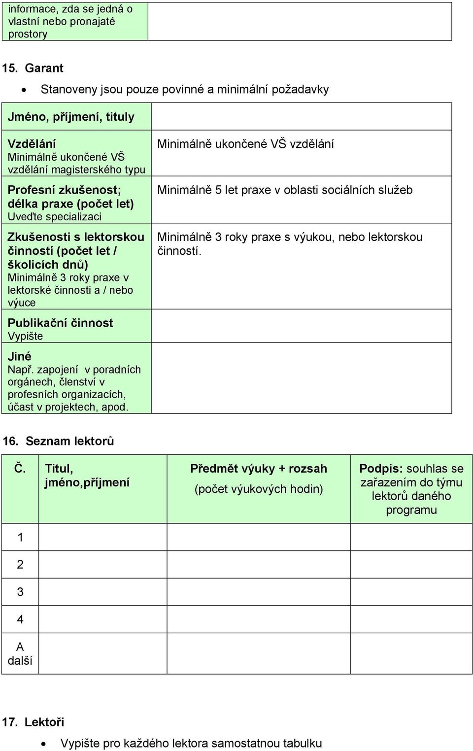 specializaci Zkušenosti s lektorskou činností (počet let / školicích dnů) Minimálně 3 roky praxe v lektorské činnosti a / nebo výuce Publikační činnost Vypište Jiné Např.