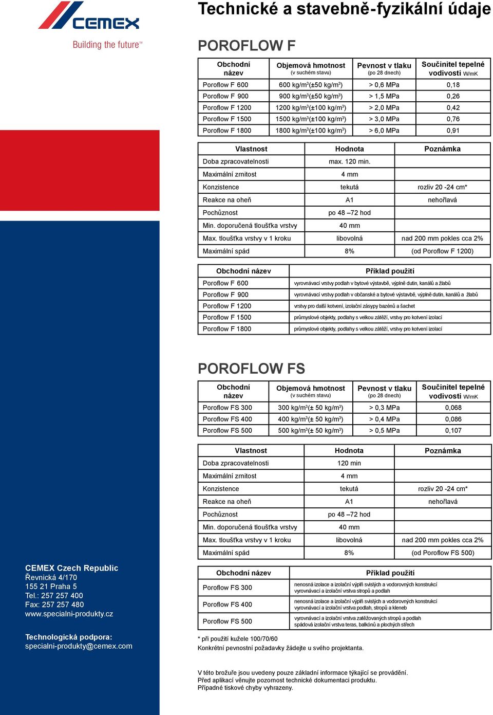 3,0 MPa 0,76 Poroflow F 1800 1800 kg/m 3 (±100 kg/m 3 ) > 6,0 MPa 0,91 Vlastnost Hodnota Poznámka Doba zpracovatelnosti Maximální zrnitost max. 120 min.