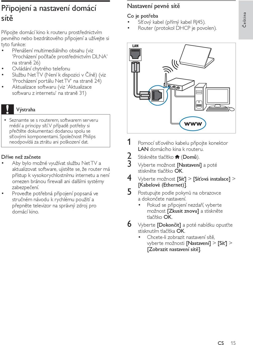 softwaru z internetu' na straně 31) Nastavení pevné sítě Co je potřeba Síťový kabel (přímý kabel RJ45). Router (protokol DHCP je povolen).