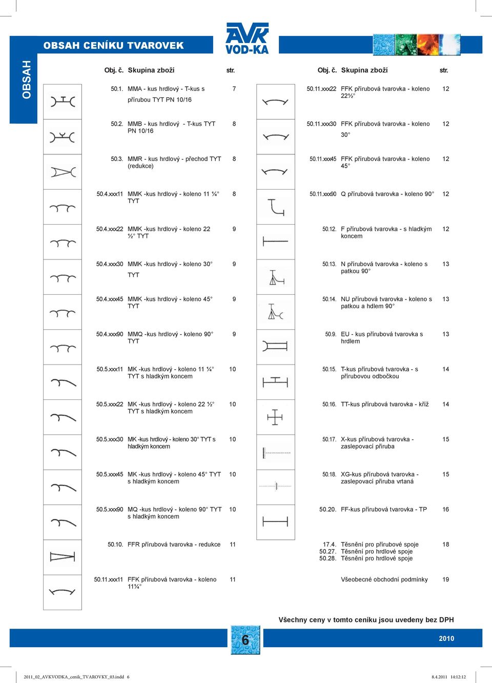 11.xxx90 Q přírubová tvarovka - koleno 90 12 50.4.xxx22 MMK -kus hrdlový - koleno 22 ½ TYT 9 50.12. F přírubová tvarovka - s hladkým koncem 12 50.4.xxx30 MMK -kus hrdlový - koleno 30 TYT 9 50.13.