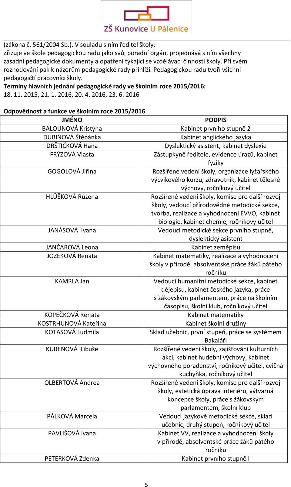 Při svém rozhodování pak k názorům pedagogické rady přihlíží. Pedagogickou radu tvoří všichni pedagogičtí pracovníci školy. Termíny hlavních jednání pedagogické rady ve školním roce 2015/2016: 18. 11.