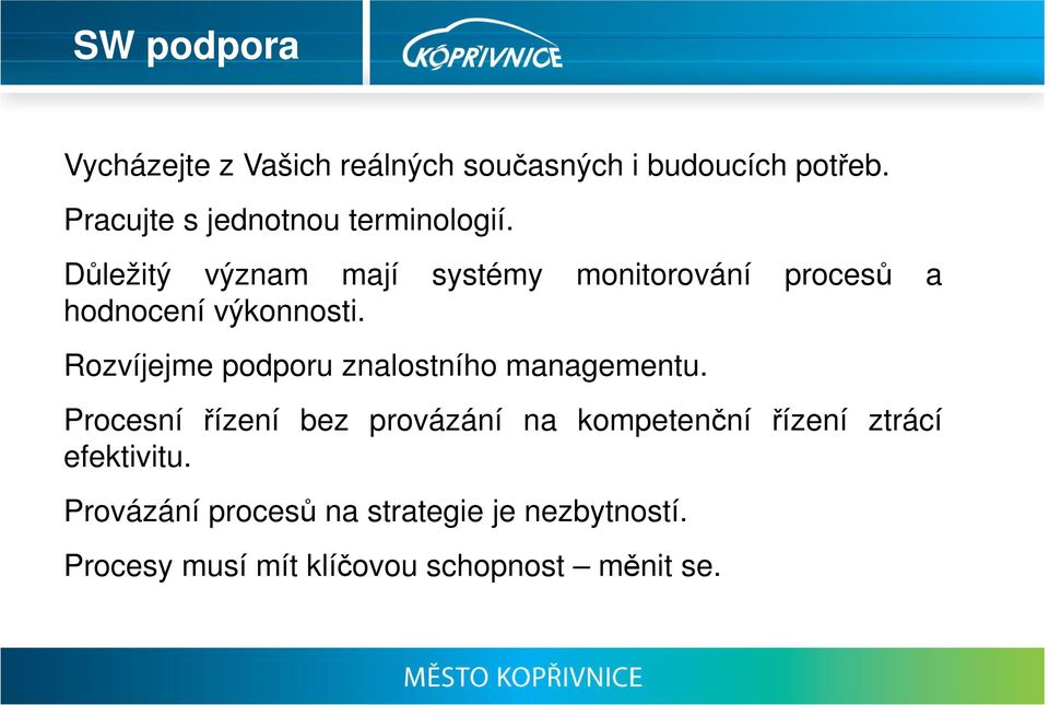 Důležitý význam mají systémy monitorování procesů a hodnocení výkonnosti.