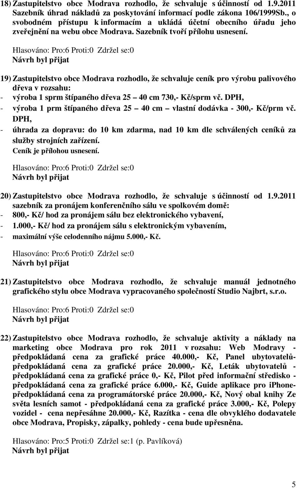 19) Zastupitelstvo obce Modrava rozhodlo, že schvaluje ceník pro výrobu palivového dřeva v rozsahu: - výroba 1 sprm štípaného dřeva 25 40 cm 730,- Kč/sprm vč.
