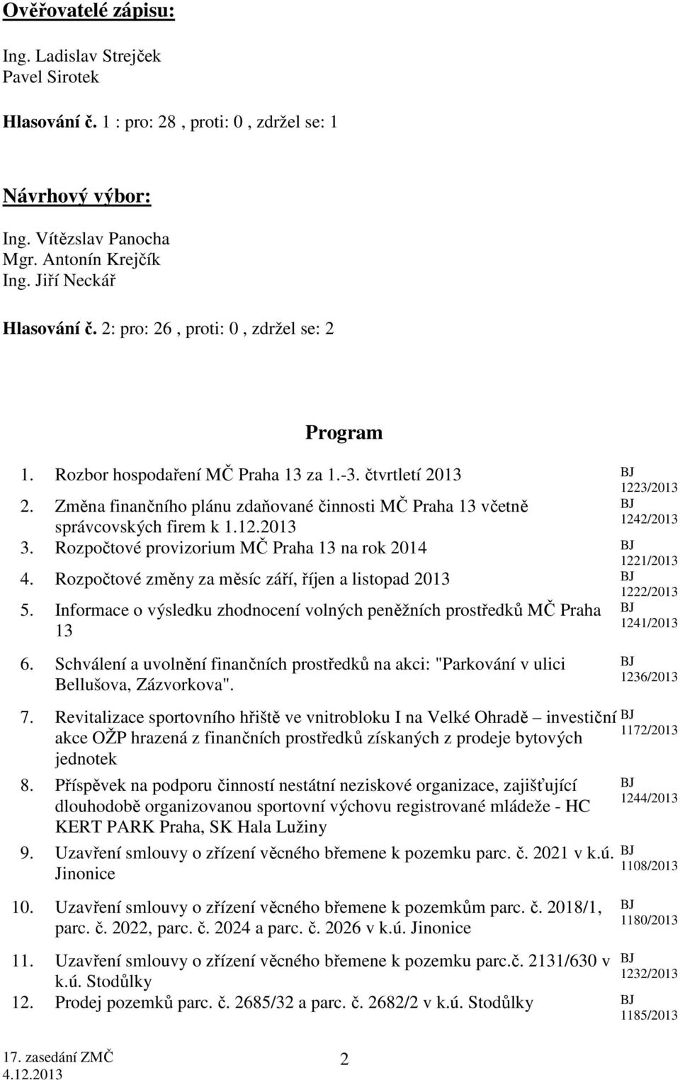 Změna finančního plánu zdaňované činnosti MČ Praha 13 včetně správcovských firem k 1.12.2013 3. Rozpočtové provizorium MČ Praha 13 na rok 2014 1221/2013 4.