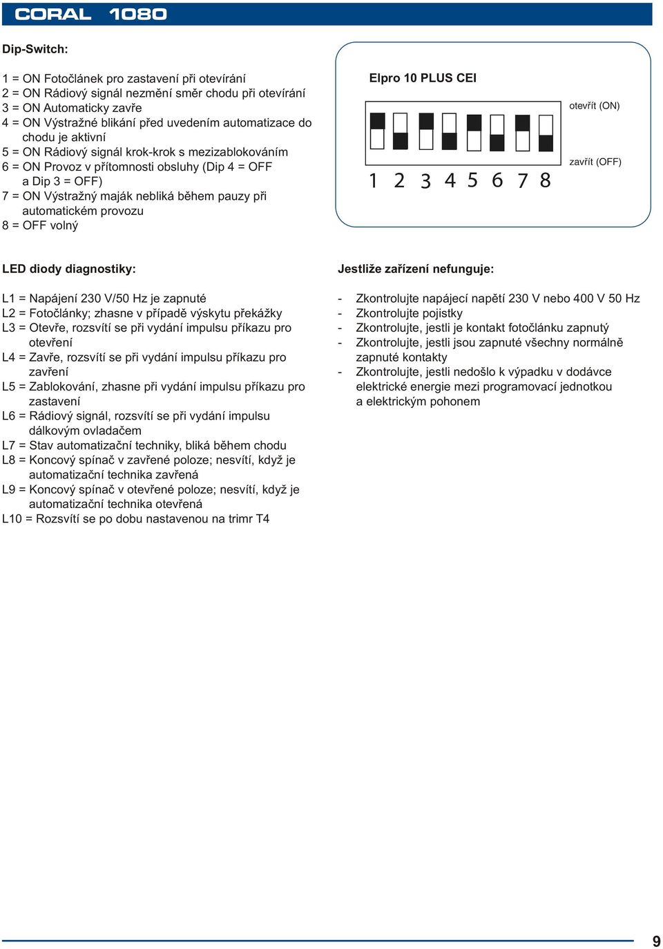 OFF volný Elpro 10 PLUS CEI LED diody diagnostiky: L1 = Napájení 230 V/50 Hz je zapnuté L2 = Fotočlánky; zhasne v případě výskytu překážky L3 = Otevře, rozsvítí se při vydání impulsu příkazu pro