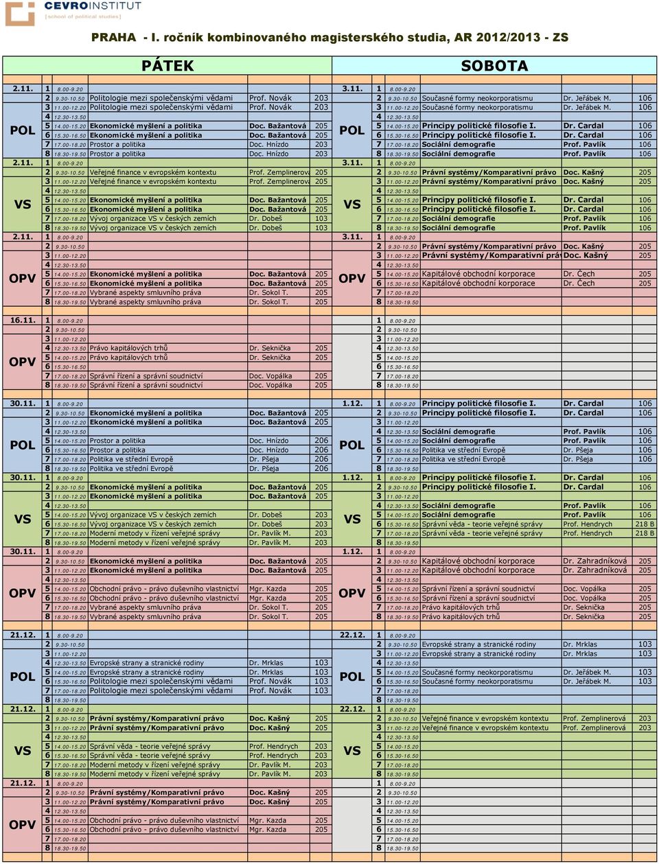 Bažantová 205 5 14.00-15.20 Principy politické filosofie I. Dr. Cardal 106 6 15.30-16.50 Ekonomické myšlení a politika Doc. Bažantová 205 6 15.30-16.50 Principy politické filosofie I. Dr. Cardal 106 7 17.