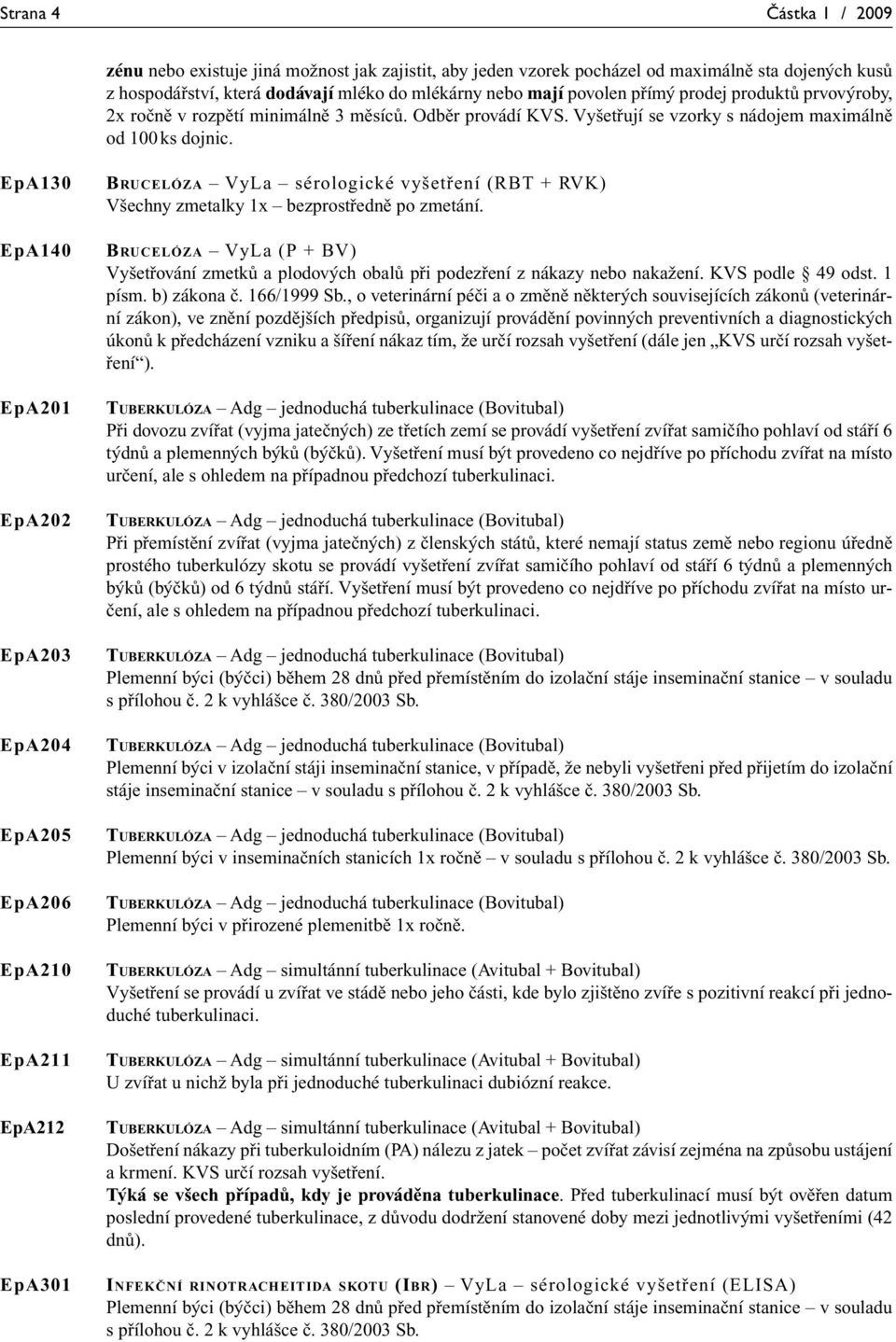 EpA130 EpA140 EpA201 EpA202 EpA203 EpA204 EpA205 EpA206 EpA210 EpA211 EpA212 EpA301 BRUCELÓZA VyLa sérologické vyšetření (RBT + RVK) Všechny zmetalky 1x bezprostředně po zmetání.