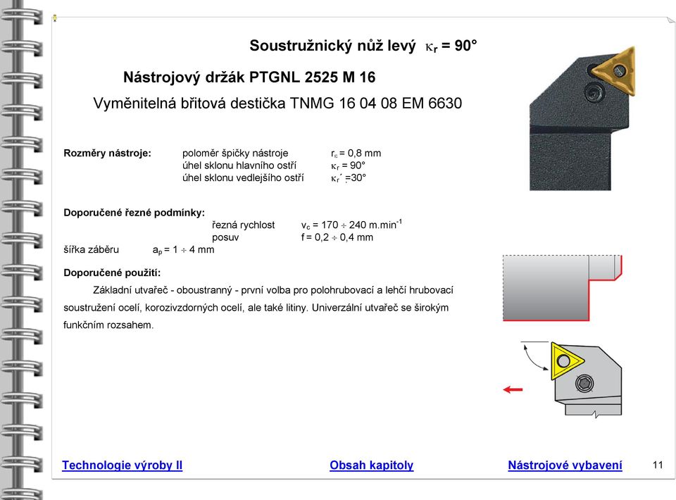 min -1 posuv f = 0,2 0,4 mm šířka záběru a p = 1 4 mm Doporučené použití: Základní utvařeč - oboustranný - první volba pro polohrubovací a lehčí hrubovací