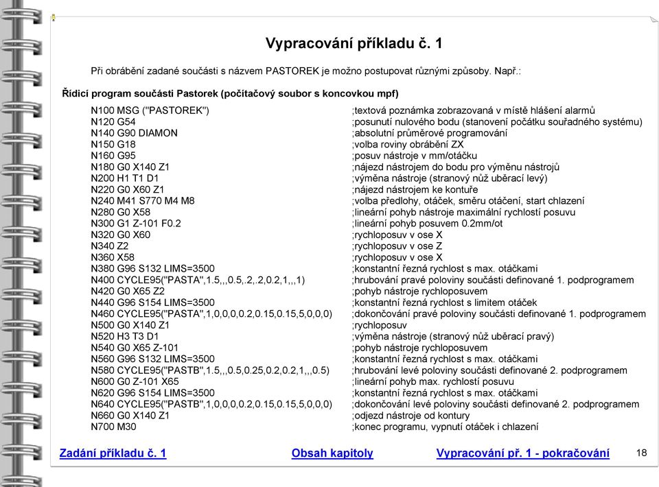 souřadného systému) N140 G90 DIAMON ;absolutní průměrové programování N150 G18 ;volba roviny obrábění ZX N160 G95 ;posuv nástroje v mm/otáčku N180 G0 X140 Z1 ;nájezd nástrojem do bodu pro výměnu