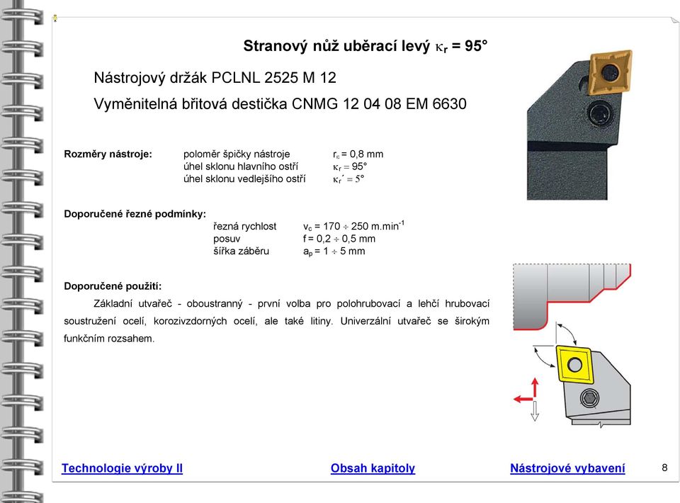 min -1 posuv f = 0,2 0,5 mm šířka záběru a p = 1 5 mm Doporučené použití: Základní utvařeč - oboustranný - první volba pro polohrubovací a lehčí hrubovací