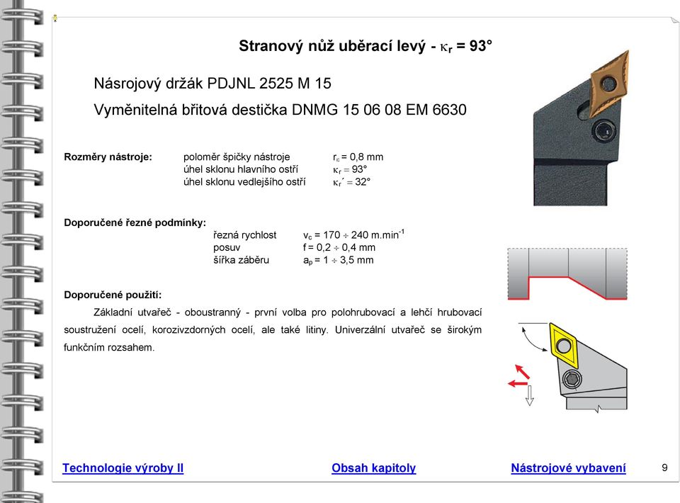 min -1 posuv f = 0,2 0,4 mm šířka záběru a p = 1 3,5 mm Doporučené použití: Základní utvařeč - oboustranný - první volba pro polohrubovací a lehčí hrubovací