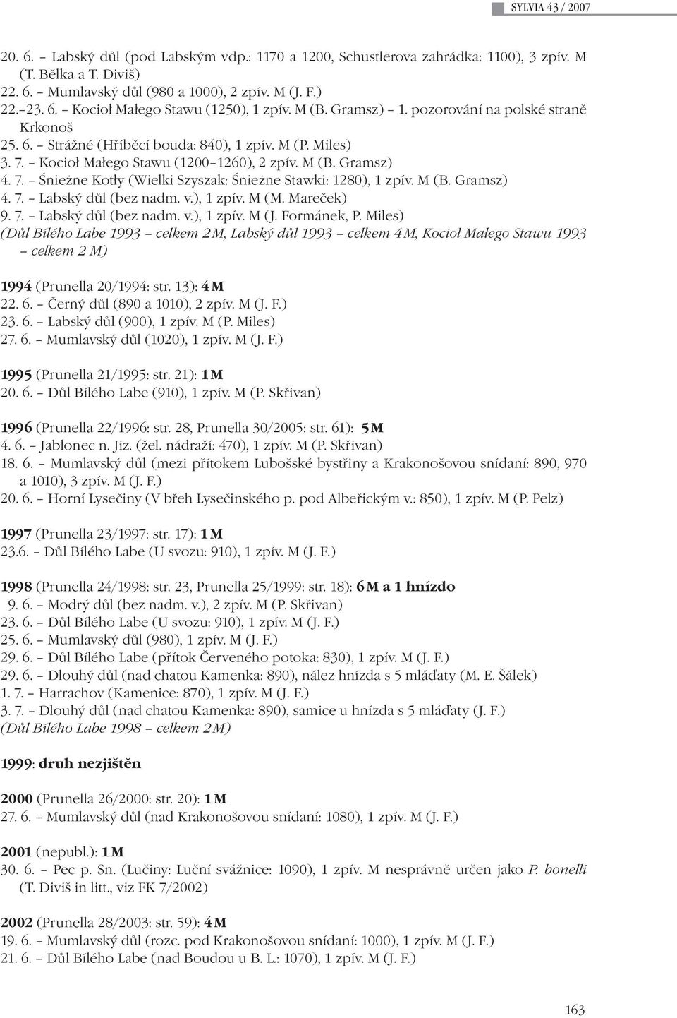 M (B. Gramsz) 4. 7. Labský důl (bez nadm. v.), 1 zpív. M (M. Mareček) 9. 7. Labský důl (bez nadm. v.), 1 zpív. M (J. Formánek, P.