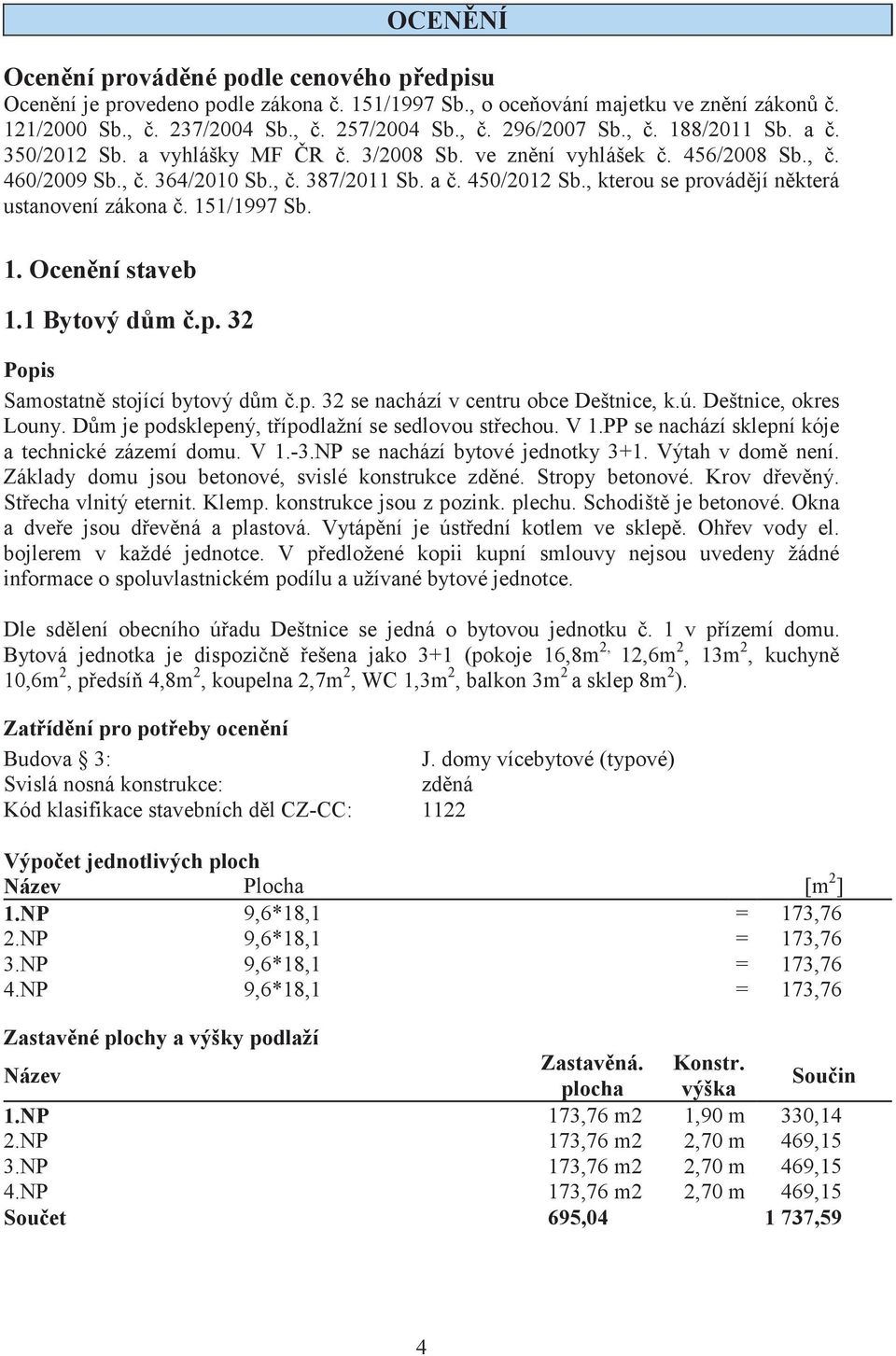 1/1997 Sb. 1. Ocenní staveb 1.1 Bytový dm.p. 32 Popis Samostatn stojící bytový dm.p. 32 se nachází v centru obce Deštnice, k.ú. Deštnice, okres Louny.