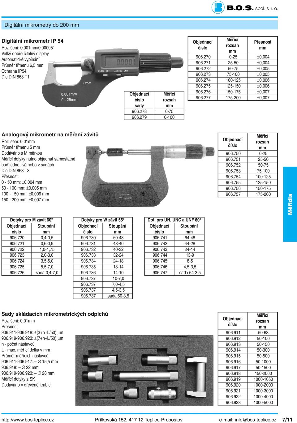 ±0,006 150-200 : ±0,007 Objednací Měřící rozsah sady 906.278 0-75 906.279 0-100 Objednací Měřící rozsah Přesnost 906.270 0-25 ±0,004 906.271 25-50 ±0,004 906.272 50-75 ±0,005 906.