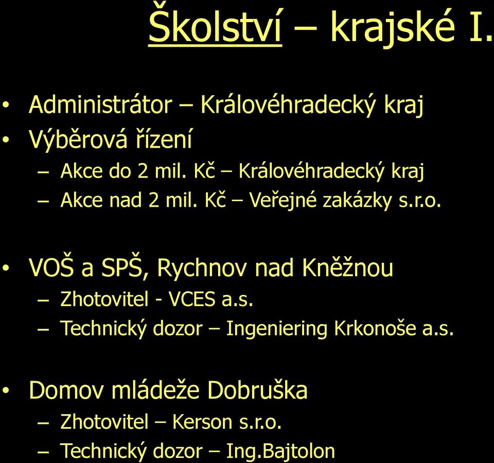 Kč Královéhradecký kraj Akce nad 2 mil. Kč Veřejné zakázky s.r.o. VOŠ a SPŠ, Rychnov nad Kněžnou Zhotovitel - VCES a.