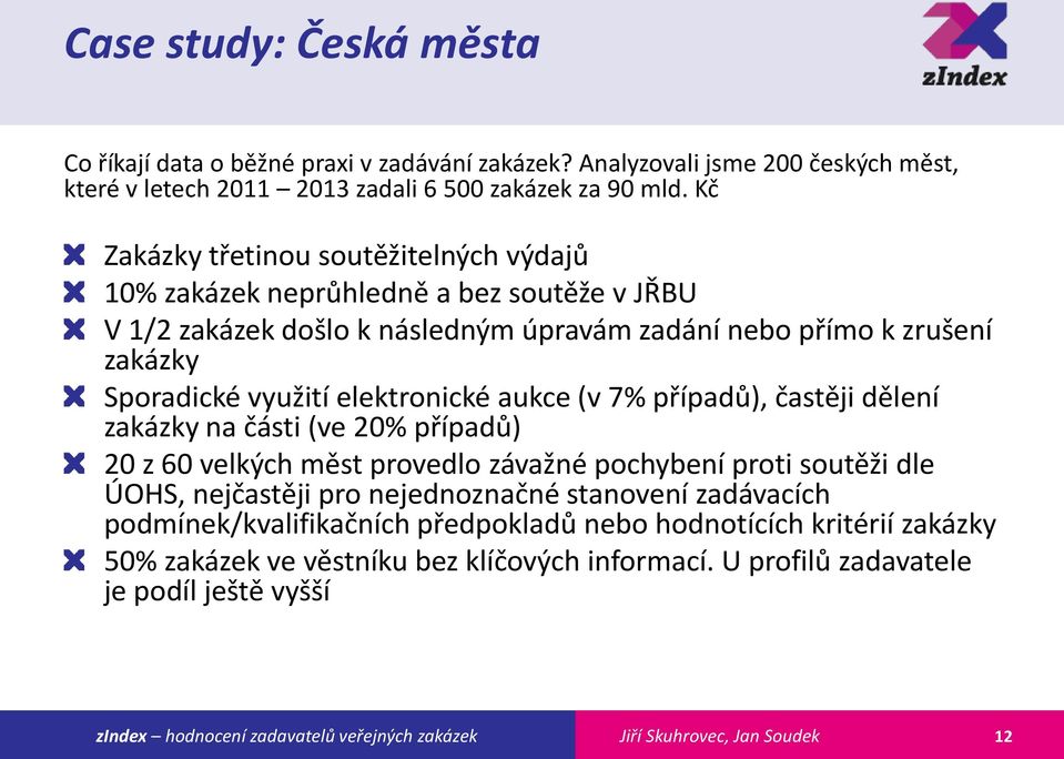 využití elektronické aukce (v 7% případů), častěji dělení zakázky na části (ve 20% případů) 20 z 60 velkých měst provedlo závažné pochybení proti soutěži dle ÚOHS, nejčastěji pro