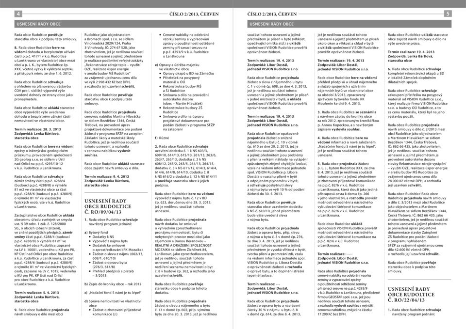 Rada ukládá starostce vypovědět výše uvedenou dohodu o bezplatném užívání části nemovitosti. Termín realizace: 28. 3. 2013 zprávy o inženýrsko-geologickém průzkumu, provedeném společností 2G geolog s.
