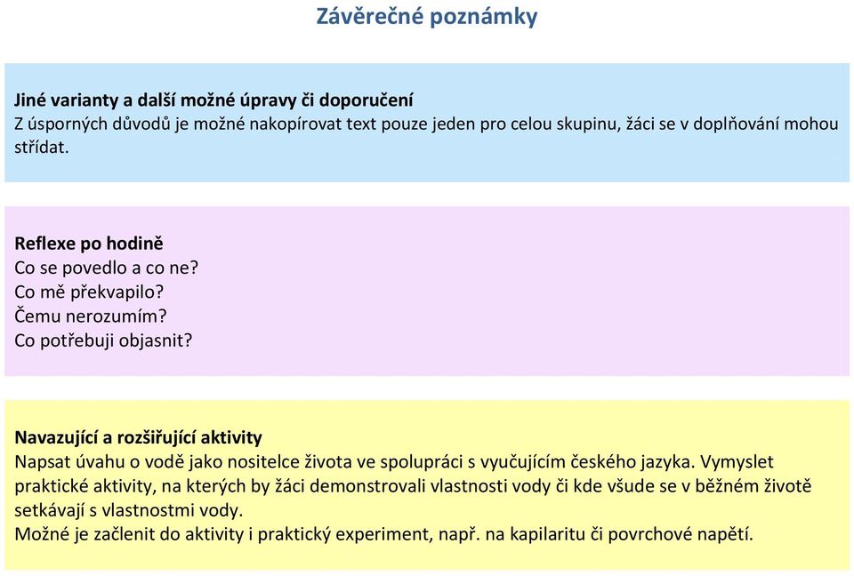 Navazující a rozšiřující aktivity Napsat úvahu o vodě jako nositelce života ve spolupráci s vyučujícím českého jazyka.