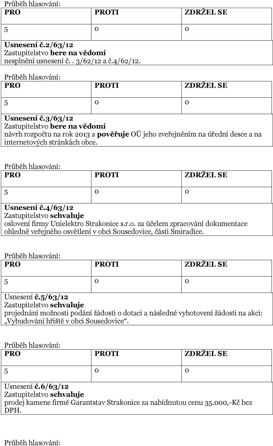 4/63/12 oslovení firmy Unielektro Strakonice s.r.o. za účelem zpracování dokumentace ohledně veřejného osvětlení v obci Sousedovice, části Smiradice. Usnesení č.